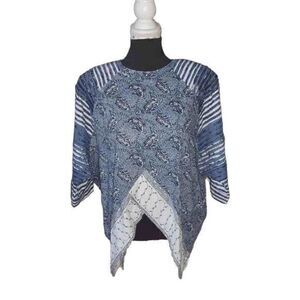 Bonnie Boerer Blue and White Boho Paisley Bandana Long Sleeve Top‎ Sz M